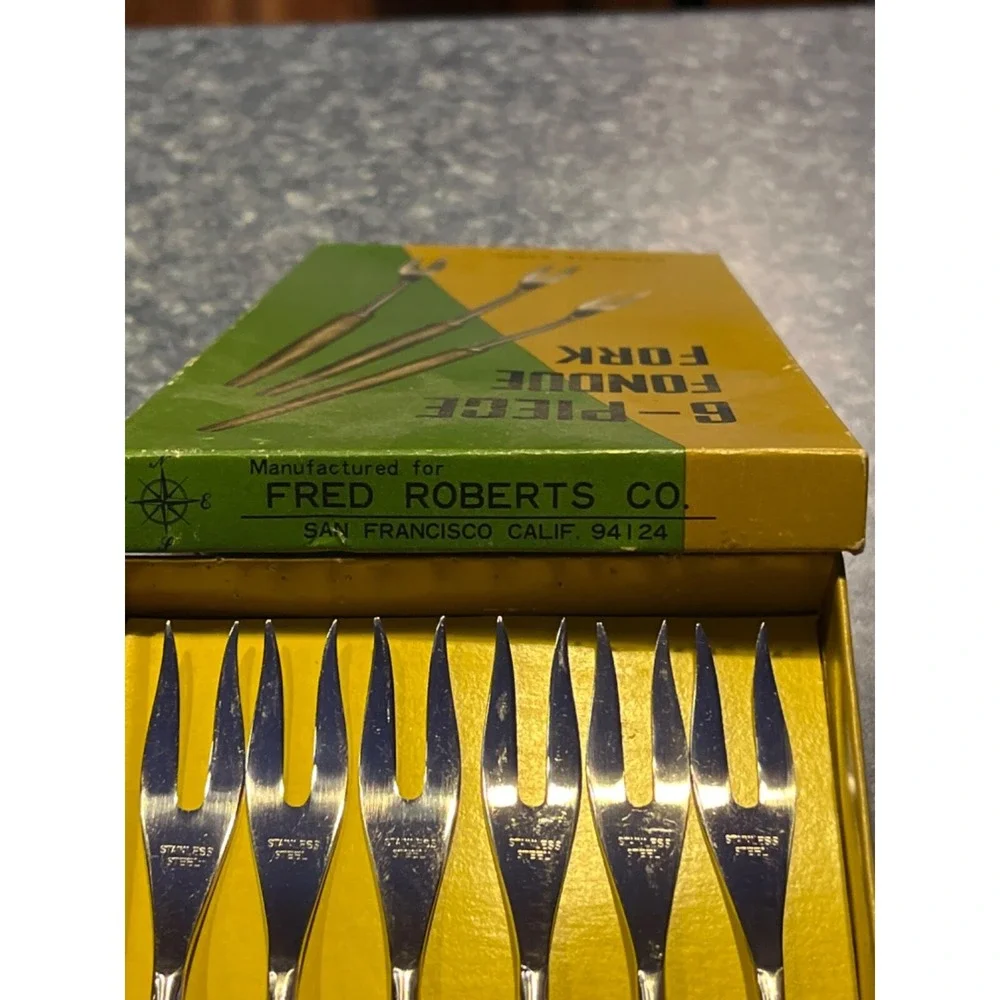 VTG Fondue Forks Fred Roberts San Francisco Wood Stainless Steel 6 Piece